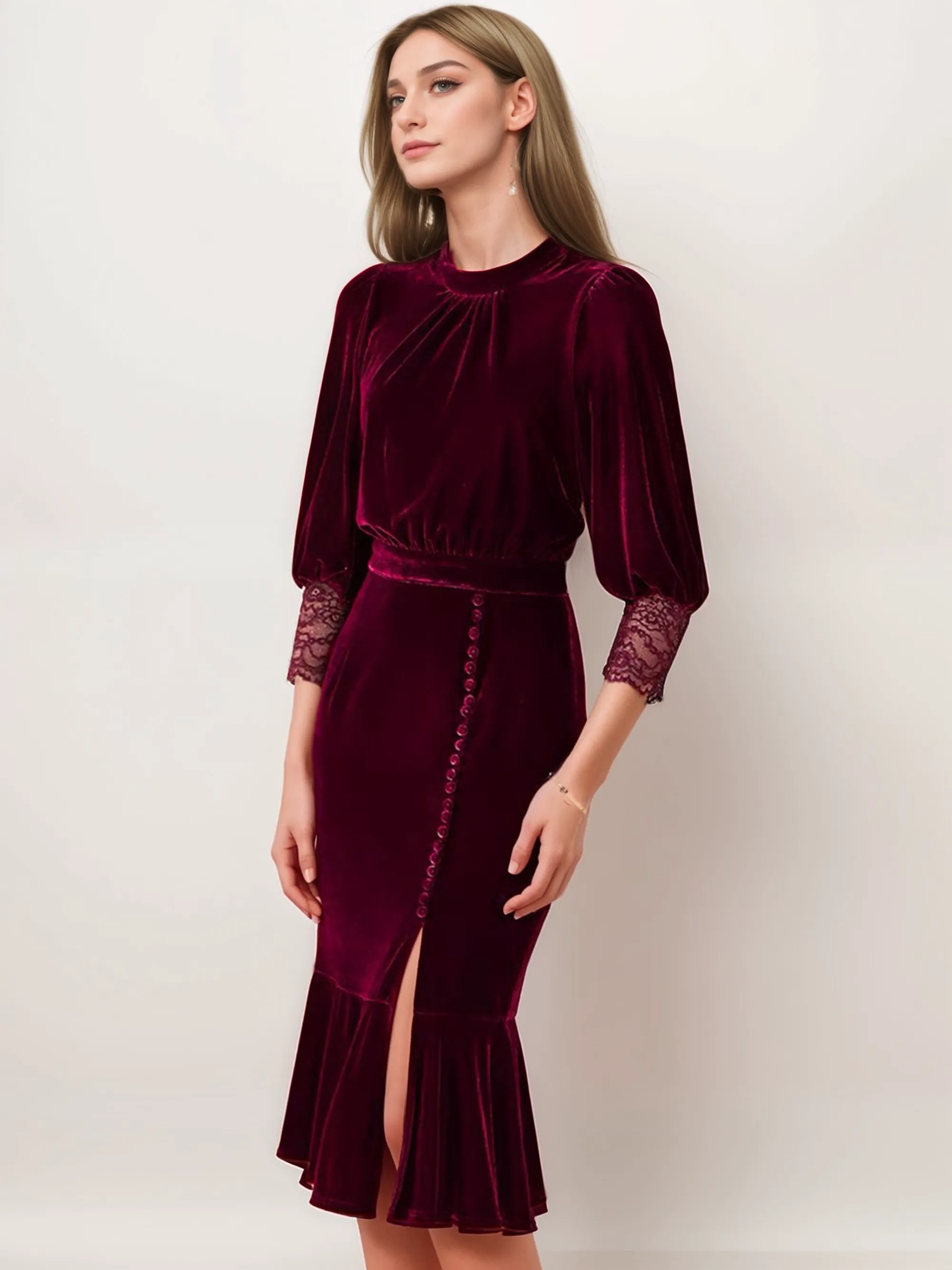 Vintage Lace Velvet Mermaid Midi Dress Scoop Neck 3/4 Sleeves