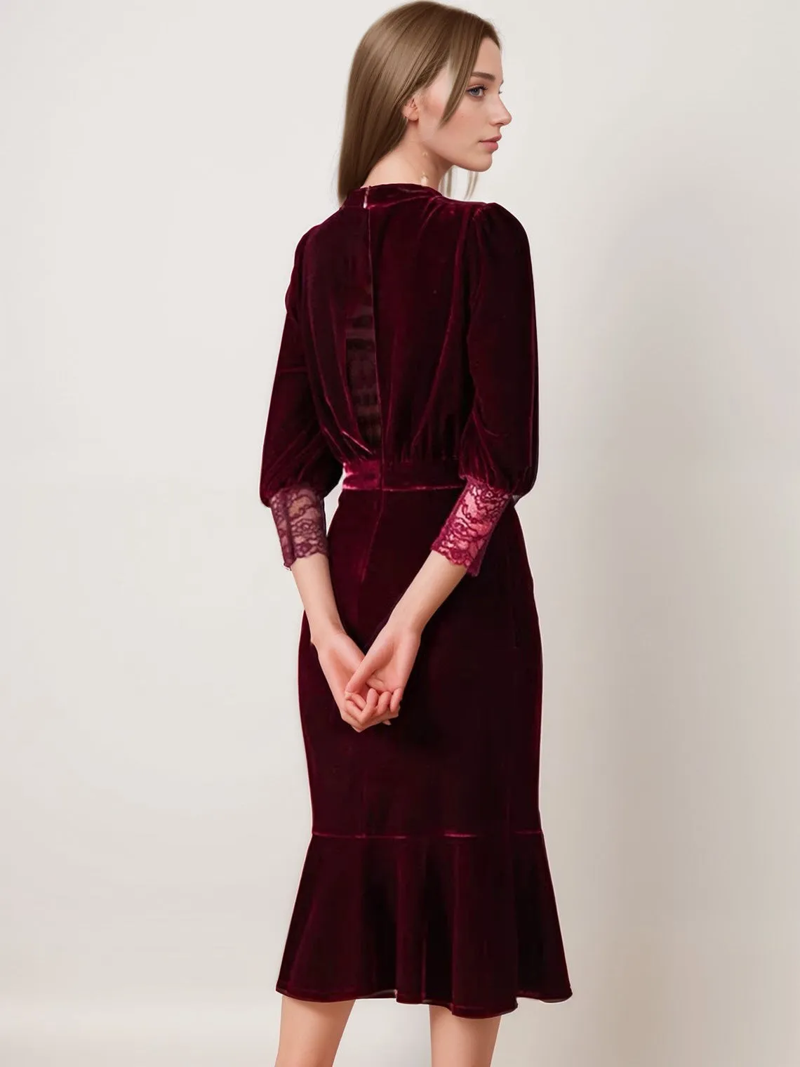 Vintage Lace Velvet Mermaid Midi Dress Scoop Neck 3/4 Sleeves