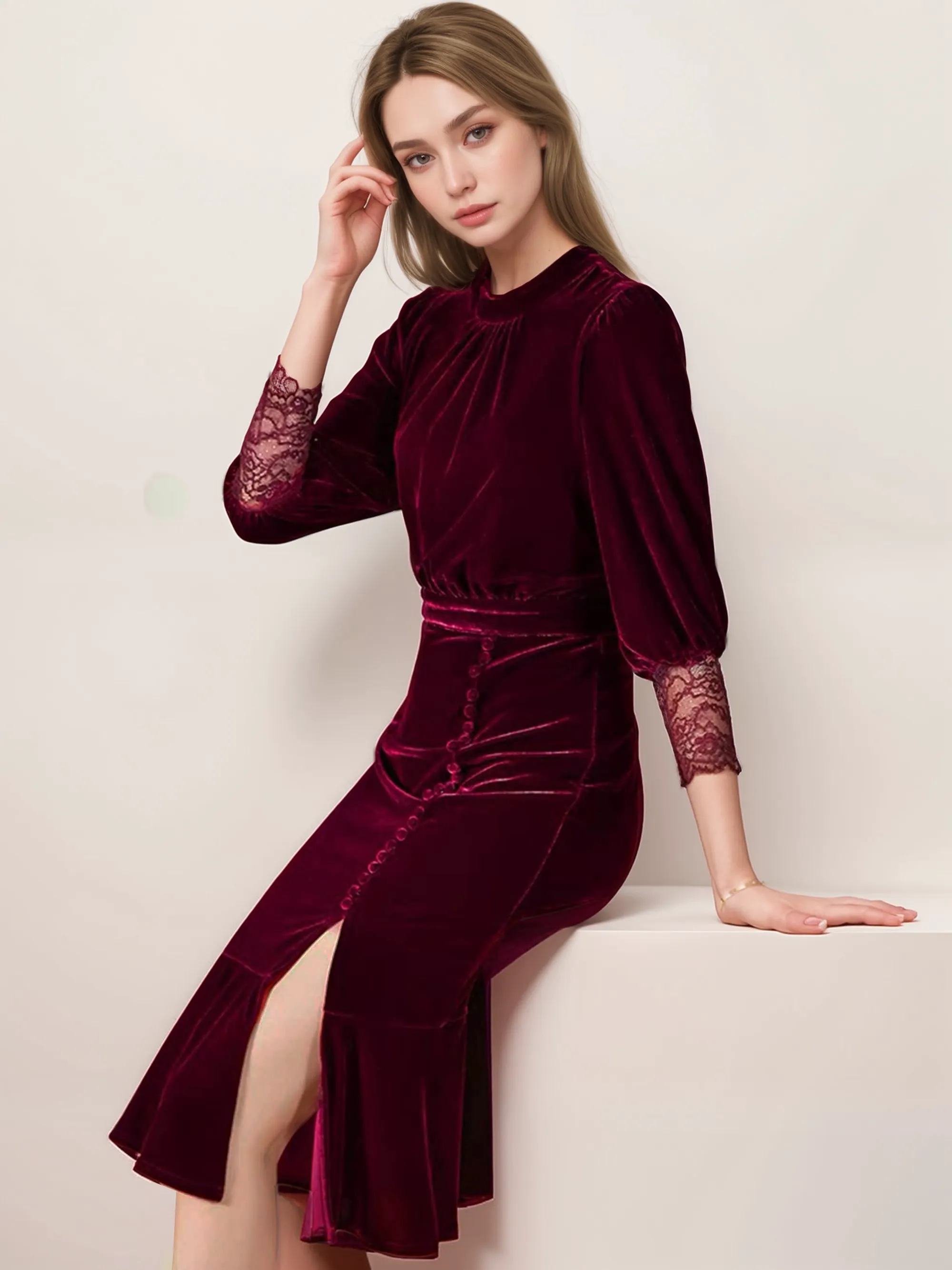 Vintage Lace Velvet Mermaid Midi Dress Scoop Neck 3/4 Sleeves
