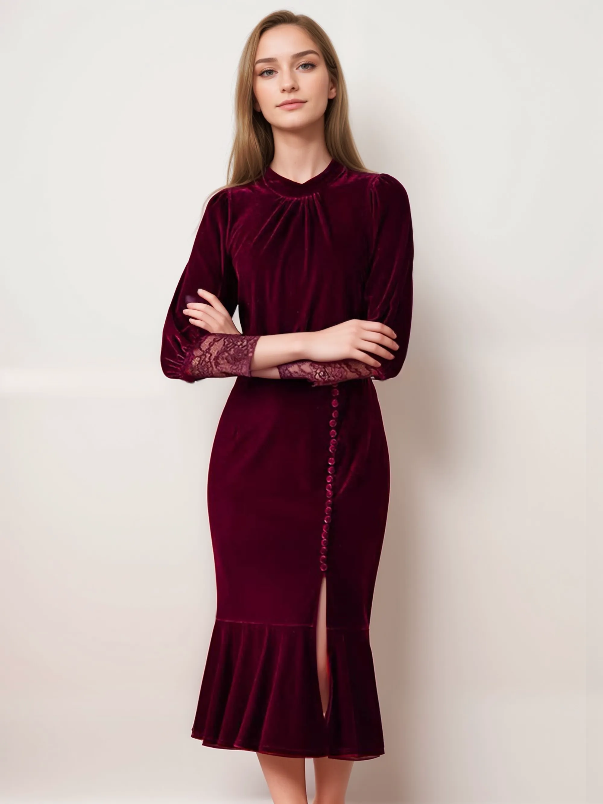 Vintage Lace Velvet Mermaid Midi Dress Scoop Neck 3/4 Sleeves
