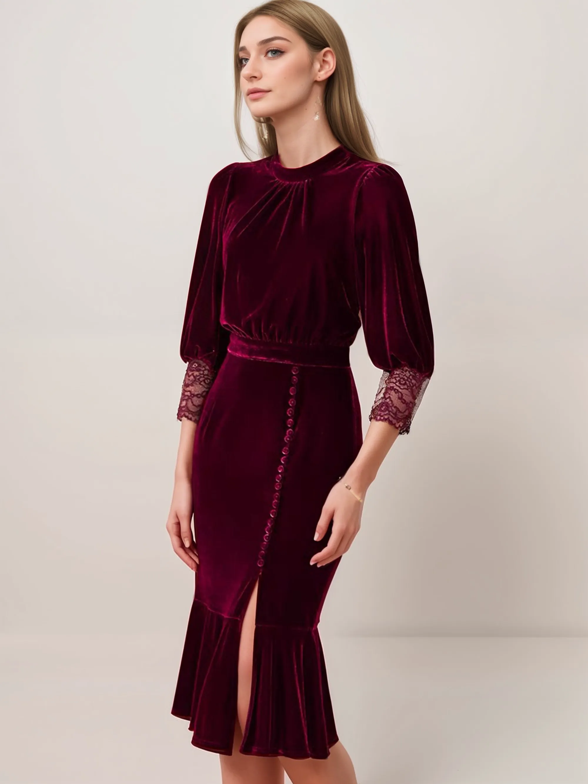 Vintage Lace Velvet Mermaid Midi Dress Scoop Neck 3/4 Sleeves