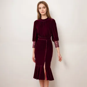 Vintage Lace Velvet Mermaid Midi Dress Scoop Neck 3/4 Sleeves
