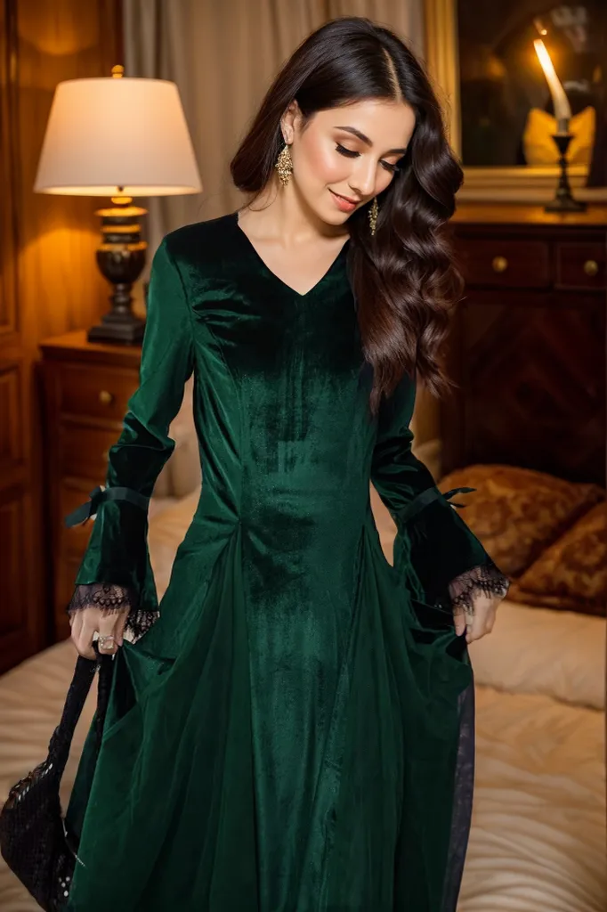 Vintage Velvet Long Sleeve Dress with Lace Trim and Tulle Spliced A-Line Skirt