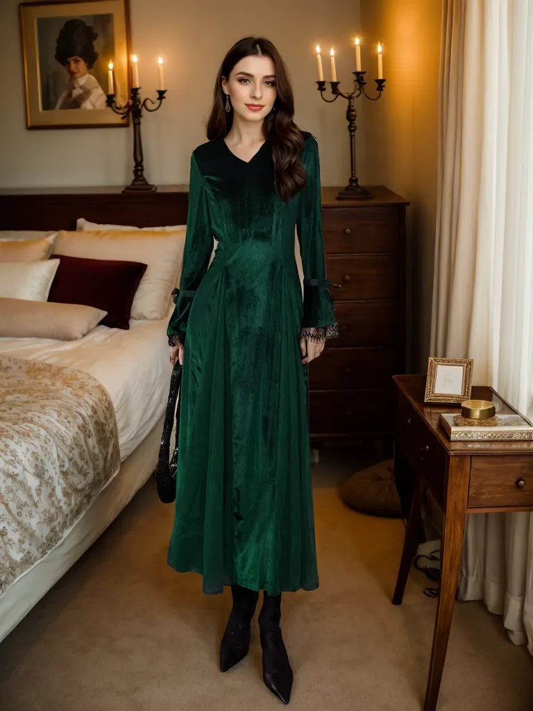 Vintage Velvet Long Sleeve Dress with Lace Trim and Tulle Spliced A-Line Skirt