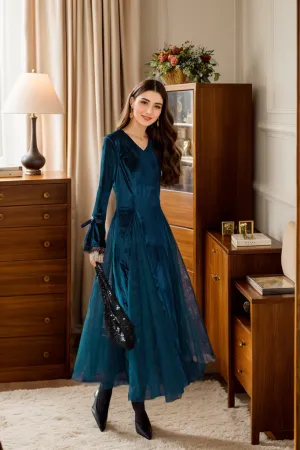 Vintage Velvet Long Sleeve Dress with Lace Trim and Tulle Spliced A-Line Skirt