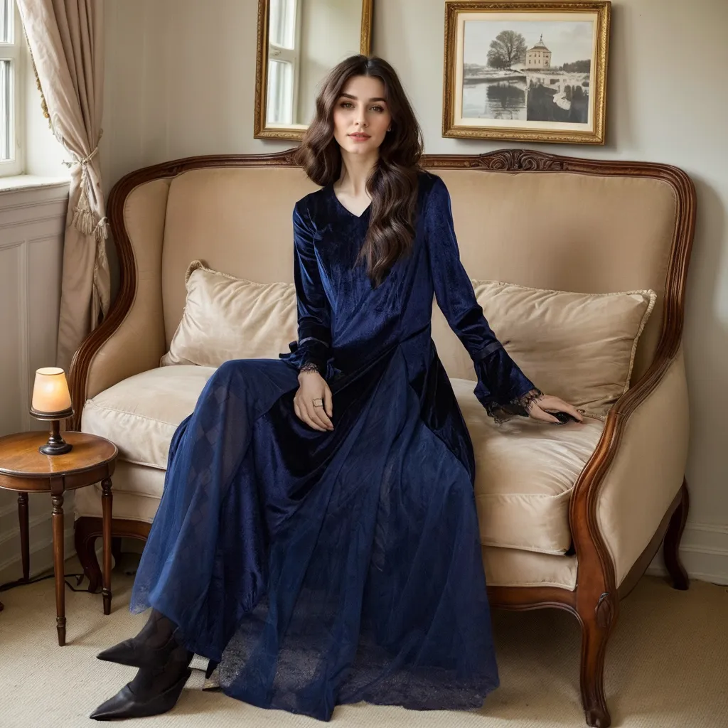 Vintage Velvet Long Sleeve Dress with Lace Trim and Tulle Spliced A-Line Skirt