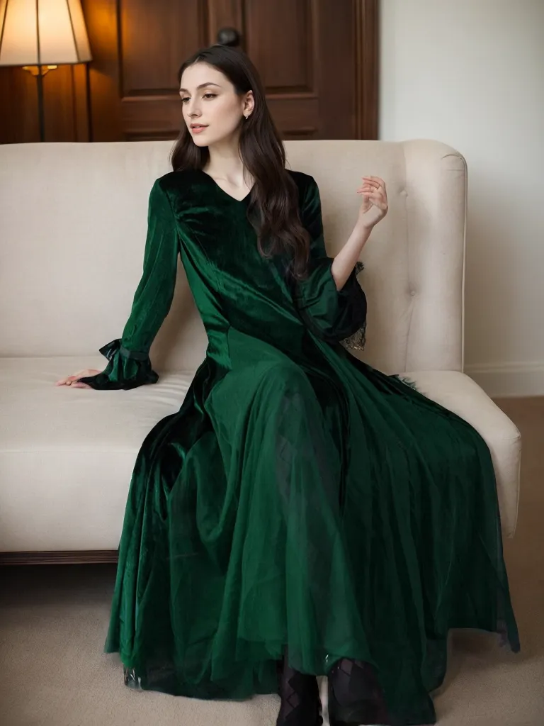 Vintage Velvet Long Sleeve Dress with Lace Trim and Tulle Spliced A-Line Skirt