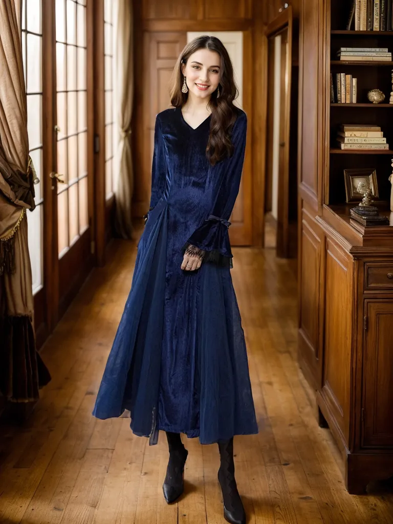 Vintage Velvet Long Sleeve Dress with Lace Trim and Tulle Spliced A-Line Skirt