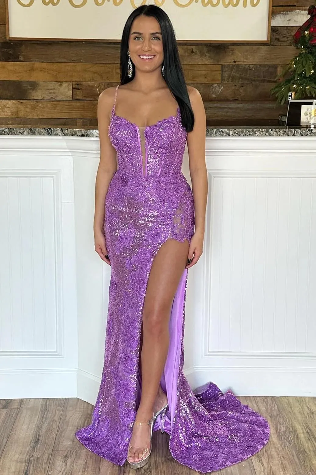 Violet Purple Sequins Prom Dresses Mermaid Lace Long Formal Dress Spaghetti Straps