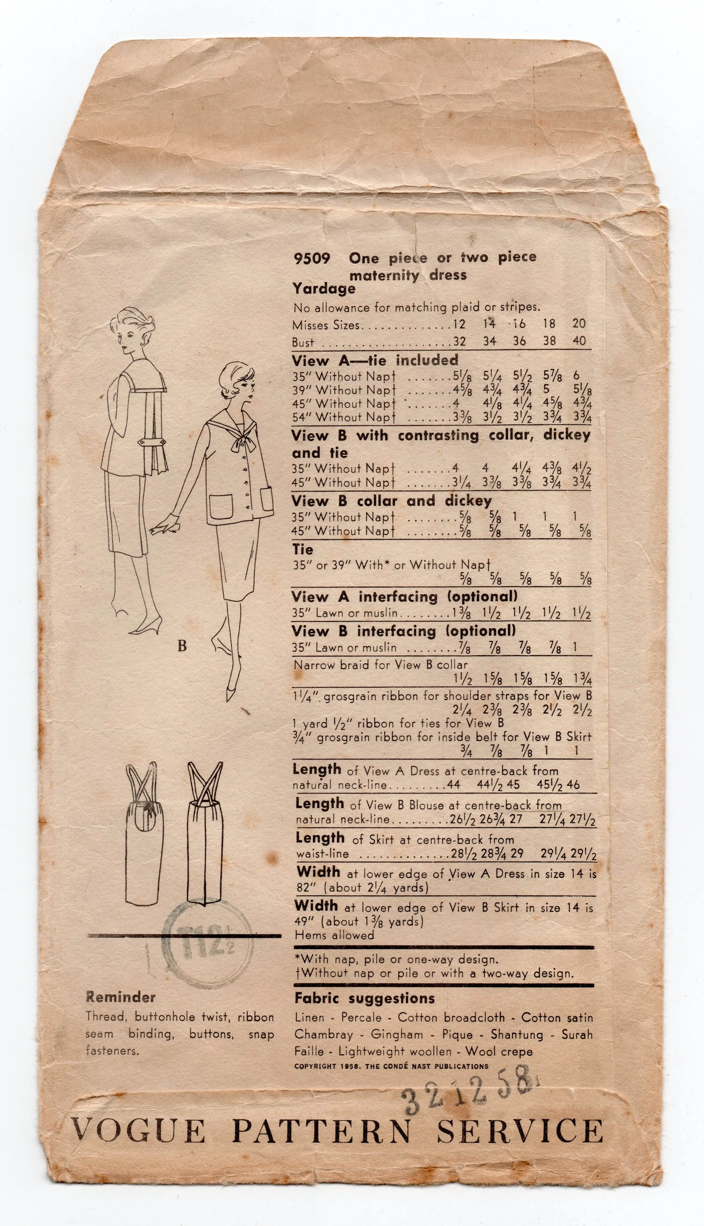 Vogue 9509 Womens Sailor Collar Maternity Dress Top & Skirt 1950s Vintage Sewing Pattern Bust 32 inches UNUSED Factory Folded
