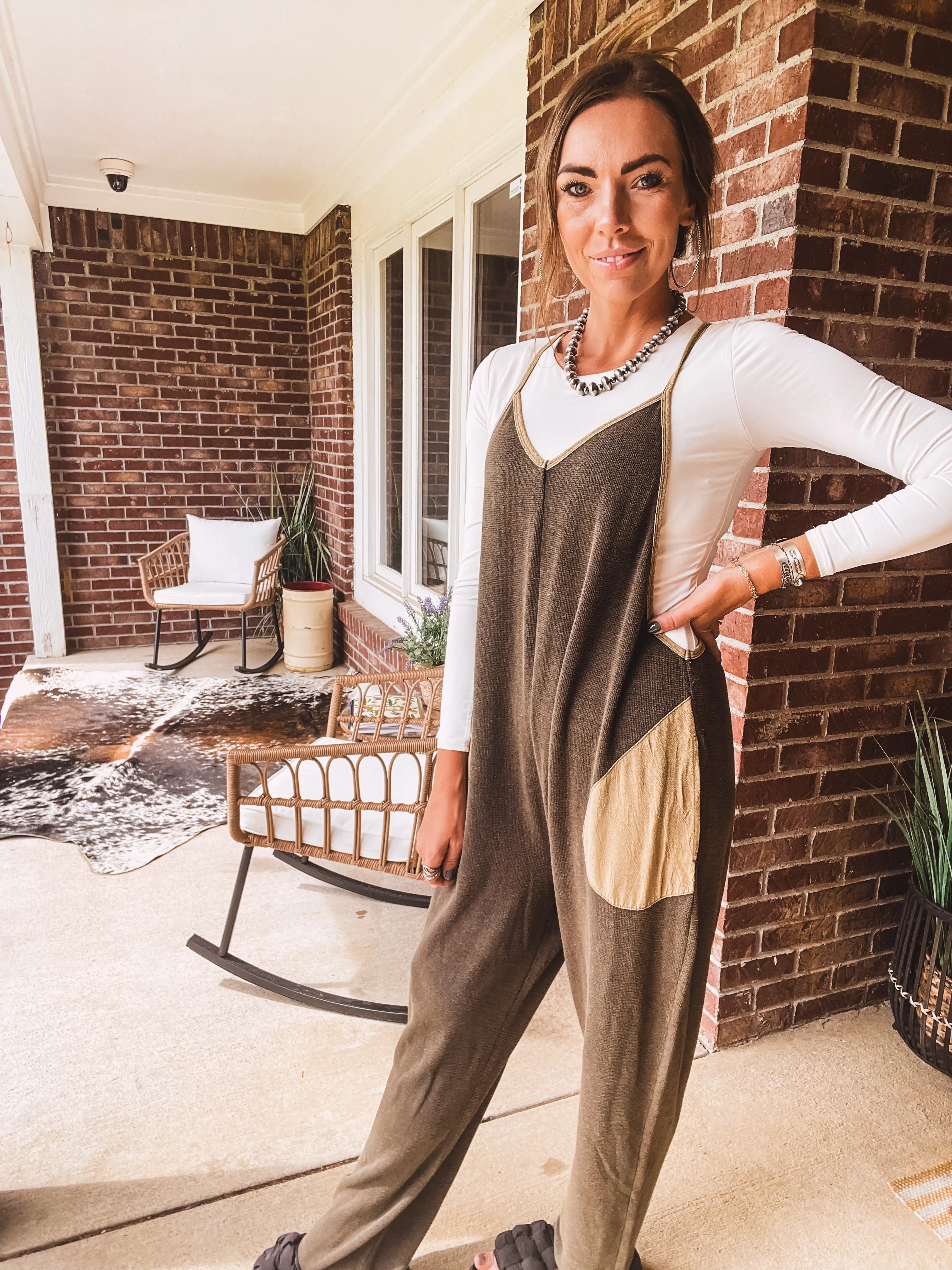 Washed Olive Thermal Jumpsuit Contrast Pocket