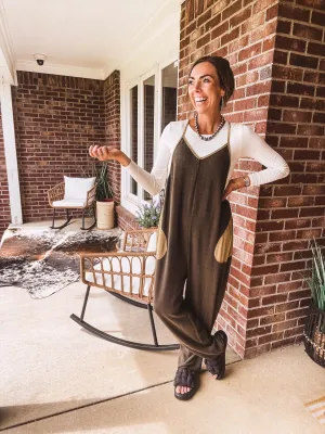 Washed Olive Thermal Jumpsuit Contrast Pocket