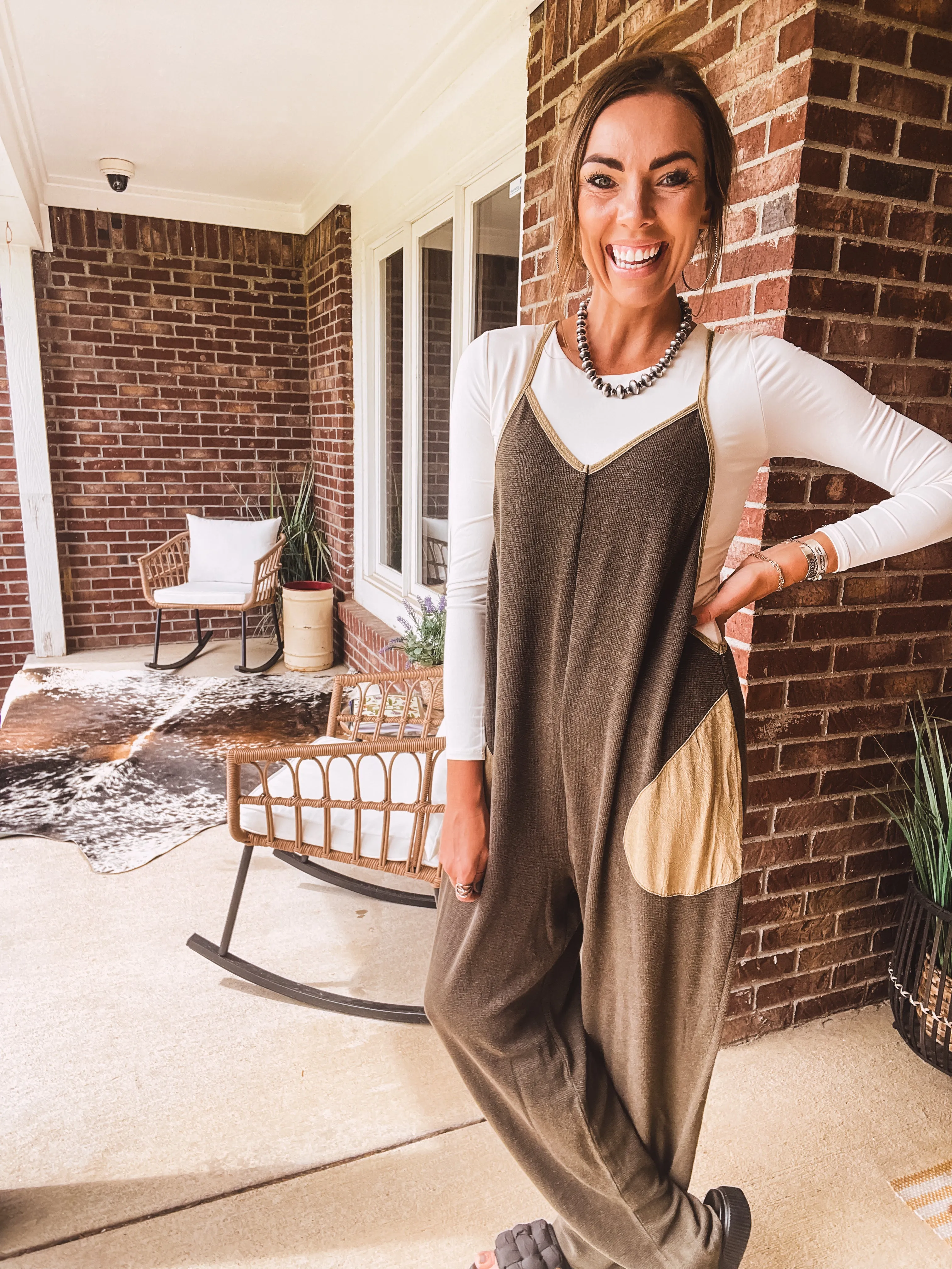 Washed Olive Thermal Jumpsuit Contrast Pocket