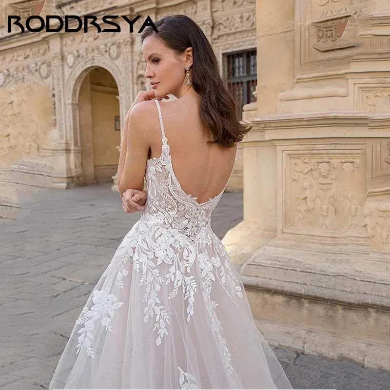Wedding Dresses A-line Lace Sweep Train Bridal Gown Custom Made Backless