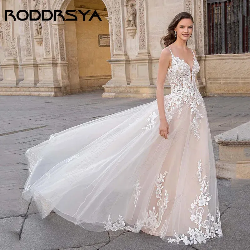 Wedding Dresses A-line Lace Sweep Train Bridal Gown Custom Made Backless