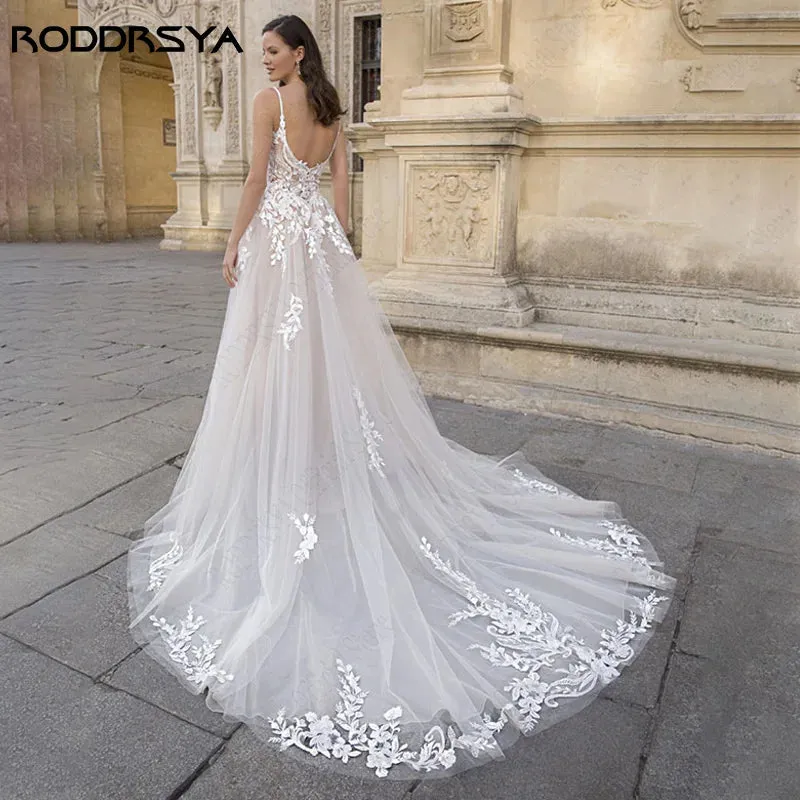 Wedding Dresses A-line Lace Sweep Train Bridal Gown Custom Made Backless