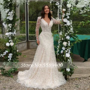 Wedding Dresses V-Neck Long Sleeve Vestido De Novia Lace 3D Flowers Detachable