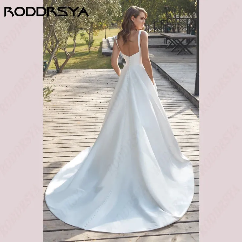 Wedding Guest Dresses: Wedding Dresses Square Collar Satin Bridal Gowns A-line