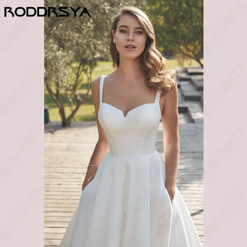 Wedding Guest Dresses: Wedding Dresses Square Collar Satin Bridal Gowns A-line