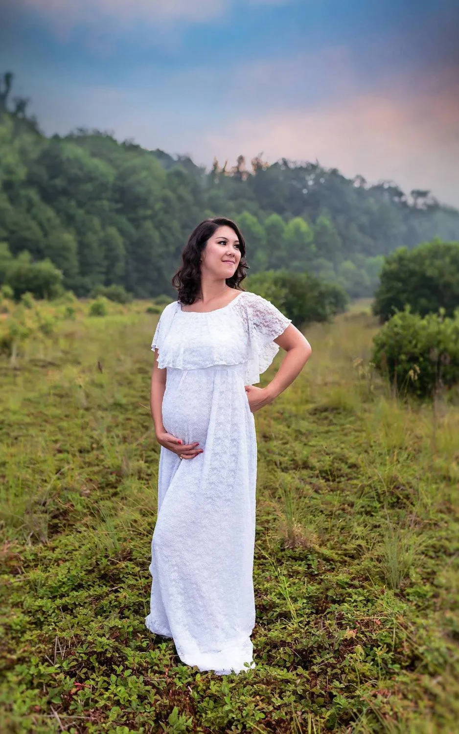 White Flutter Top Pregnant A-Line Vintage Lace Gown-712074