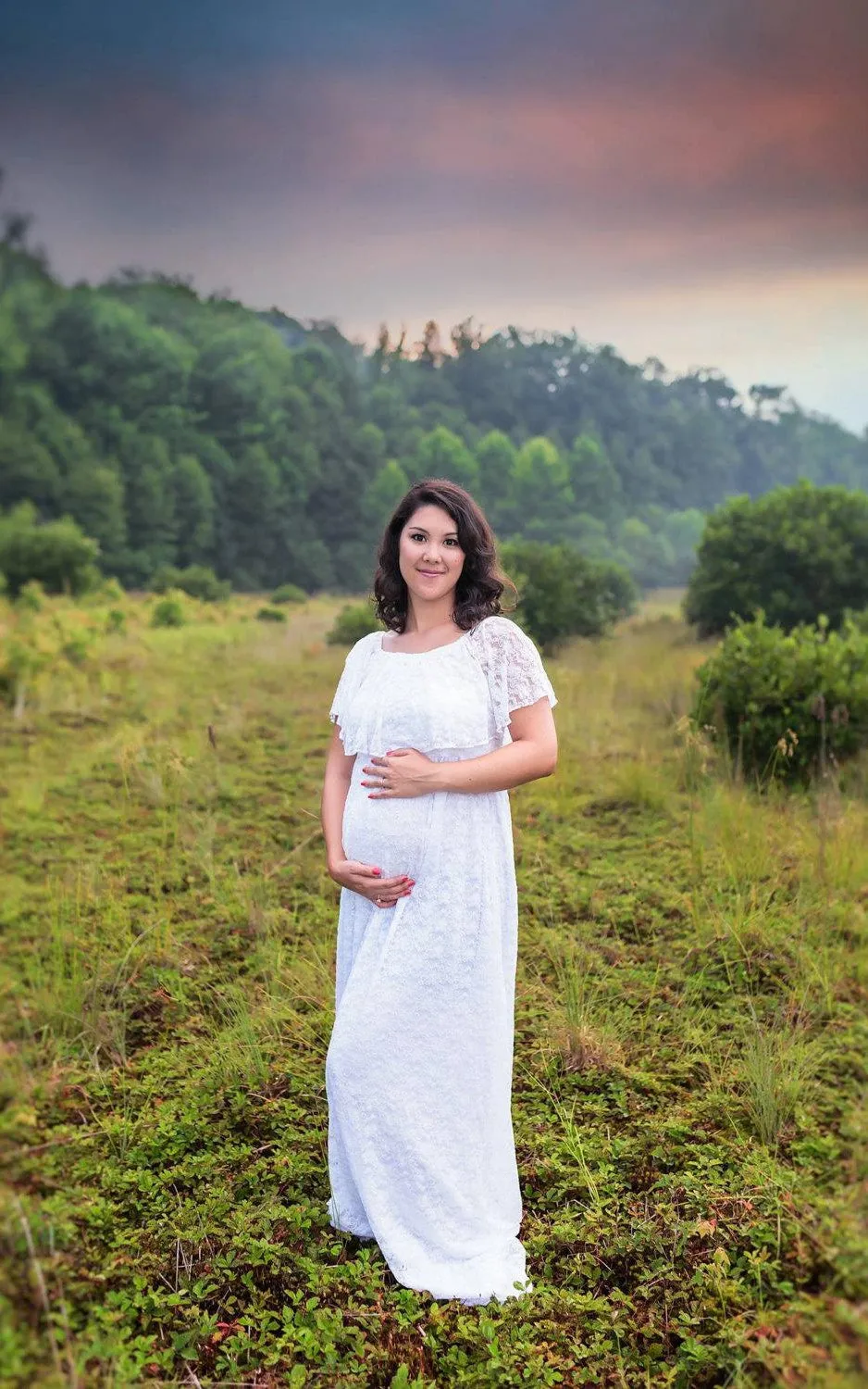White Flutter Top Pregnant A-Line Vintage Lace Gown-712074