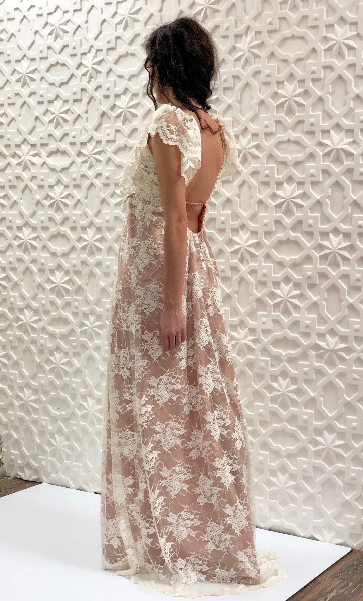 White lace over nude satin dress