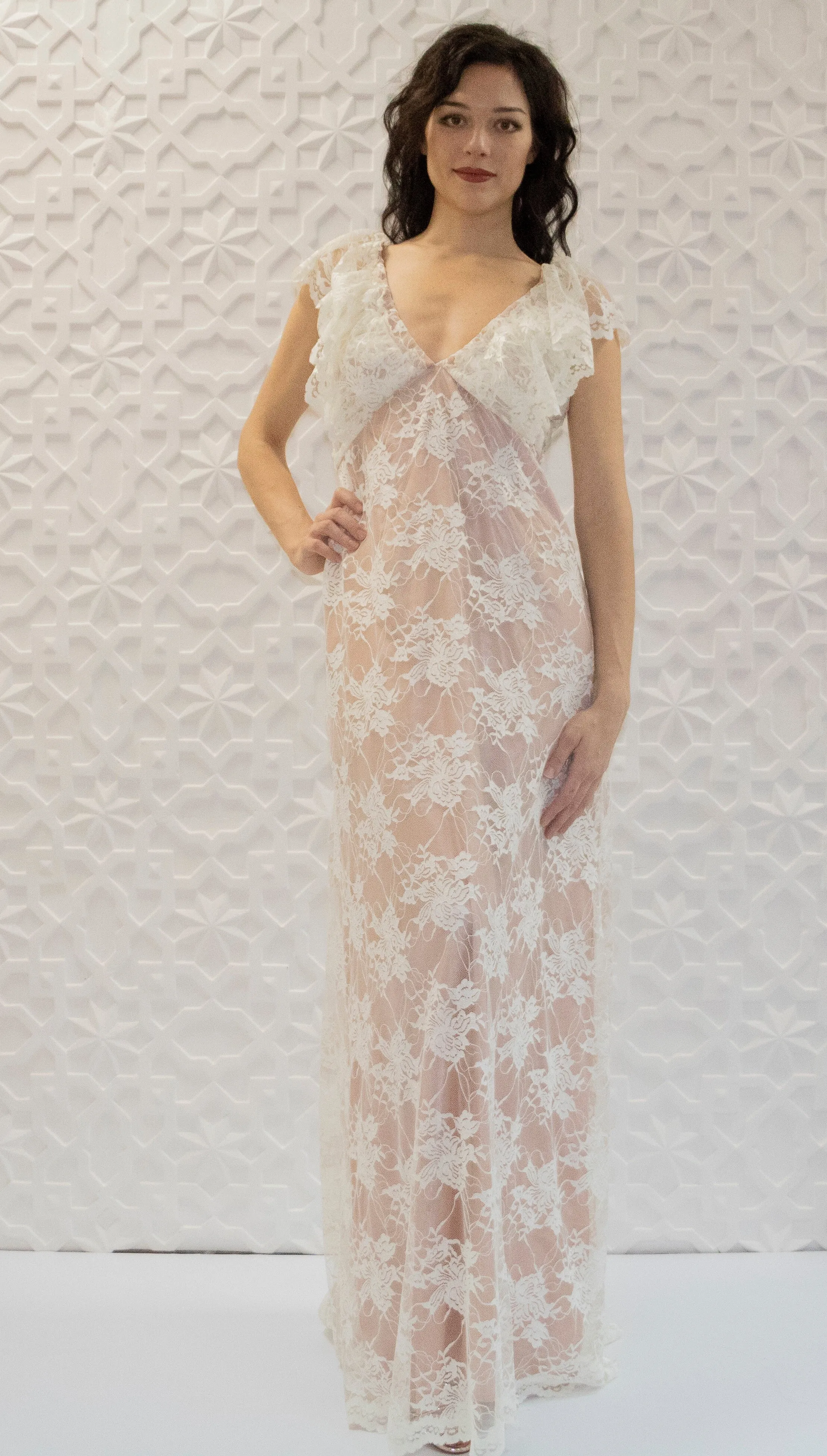 White lace over nude satin dress
