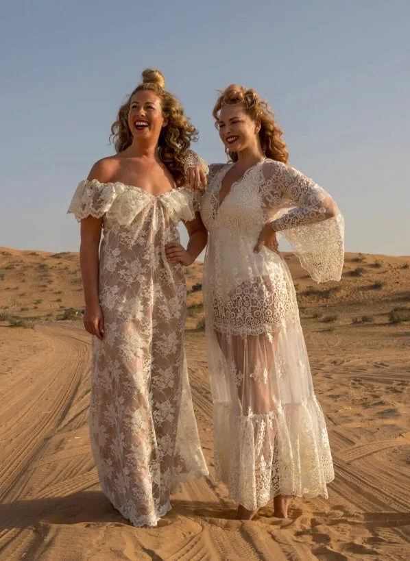 White lace over nude satin dress