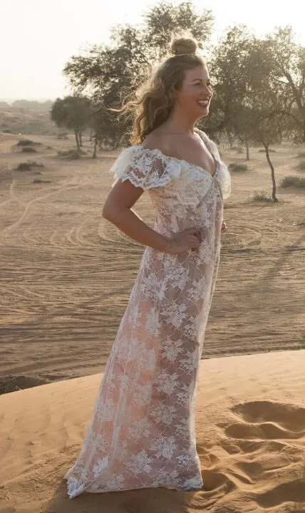 White lace over nude satin dress