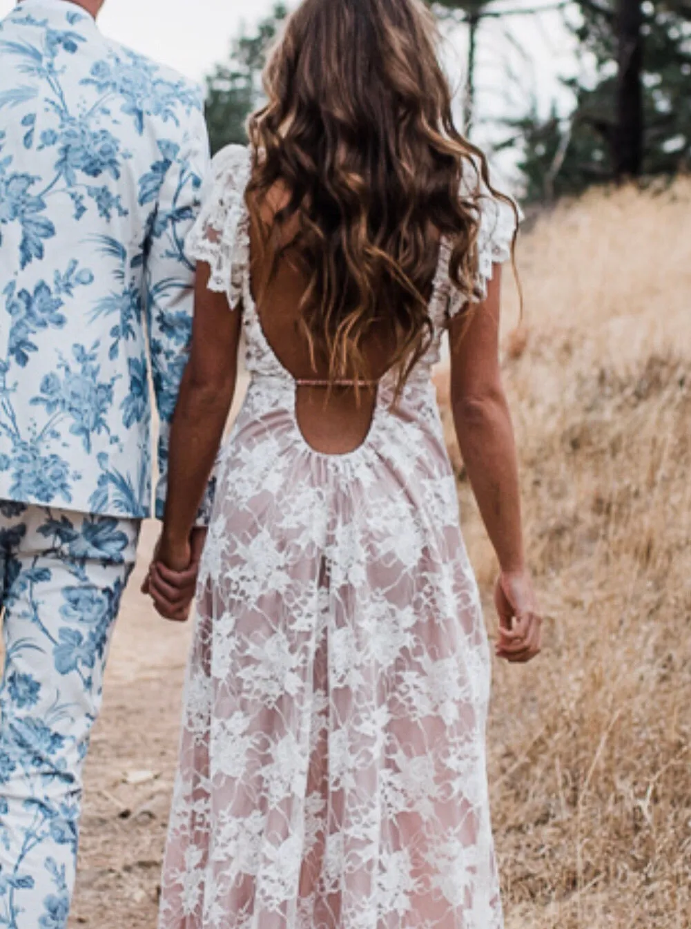 White lace over nude satin dress