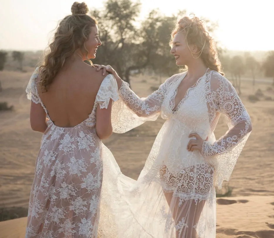 White lace over nude satin dress