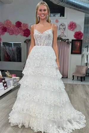 White Layered Tiered Prom Dresses Sequin Spaghetti Straps A-Line
