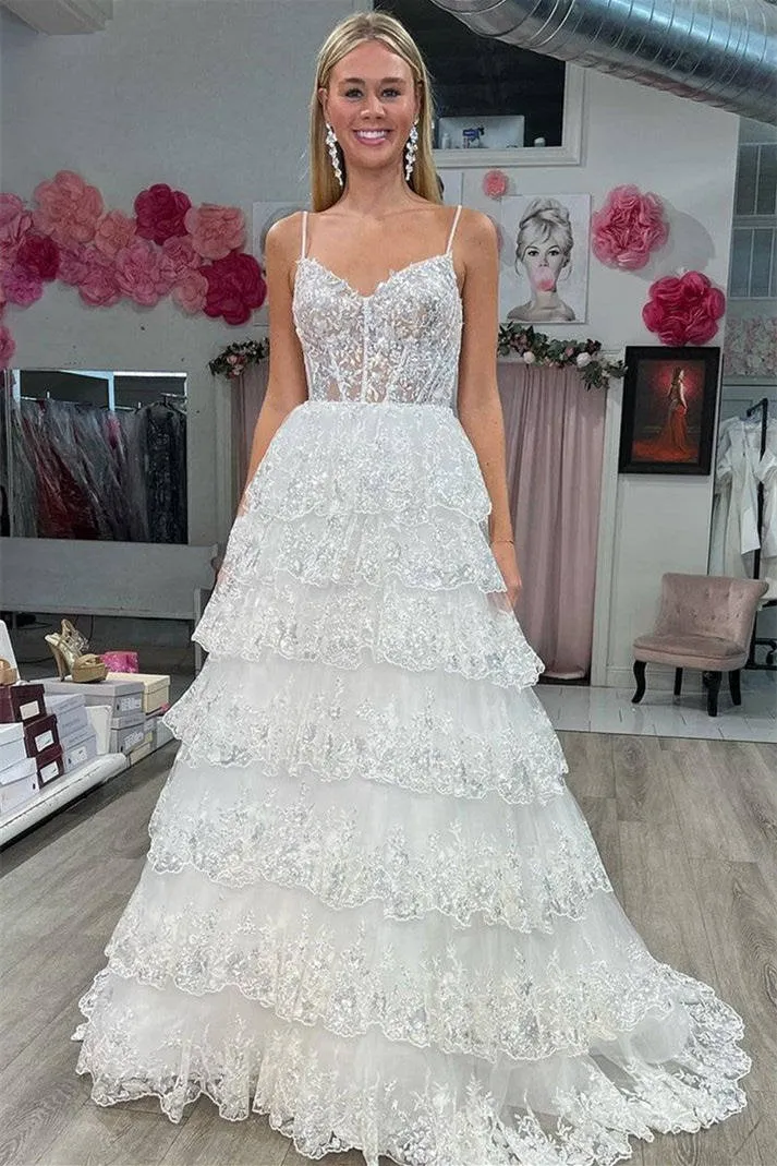 White Layered Tiered Prom Dresses Sequin Spaghetti Straps A-Line