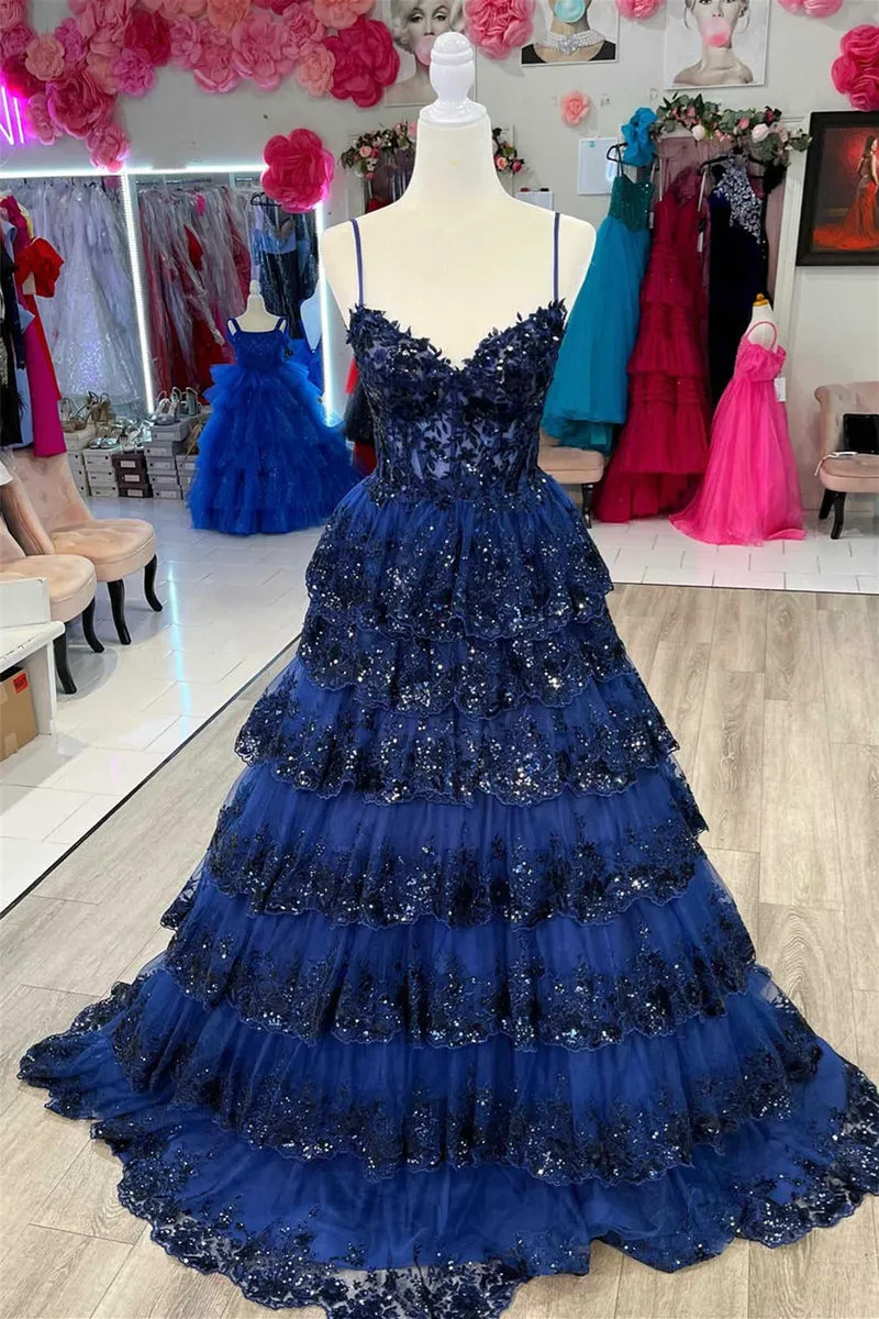 White Layered Tiered Prom Dresses Sequin Spaghetti Straps A-Line