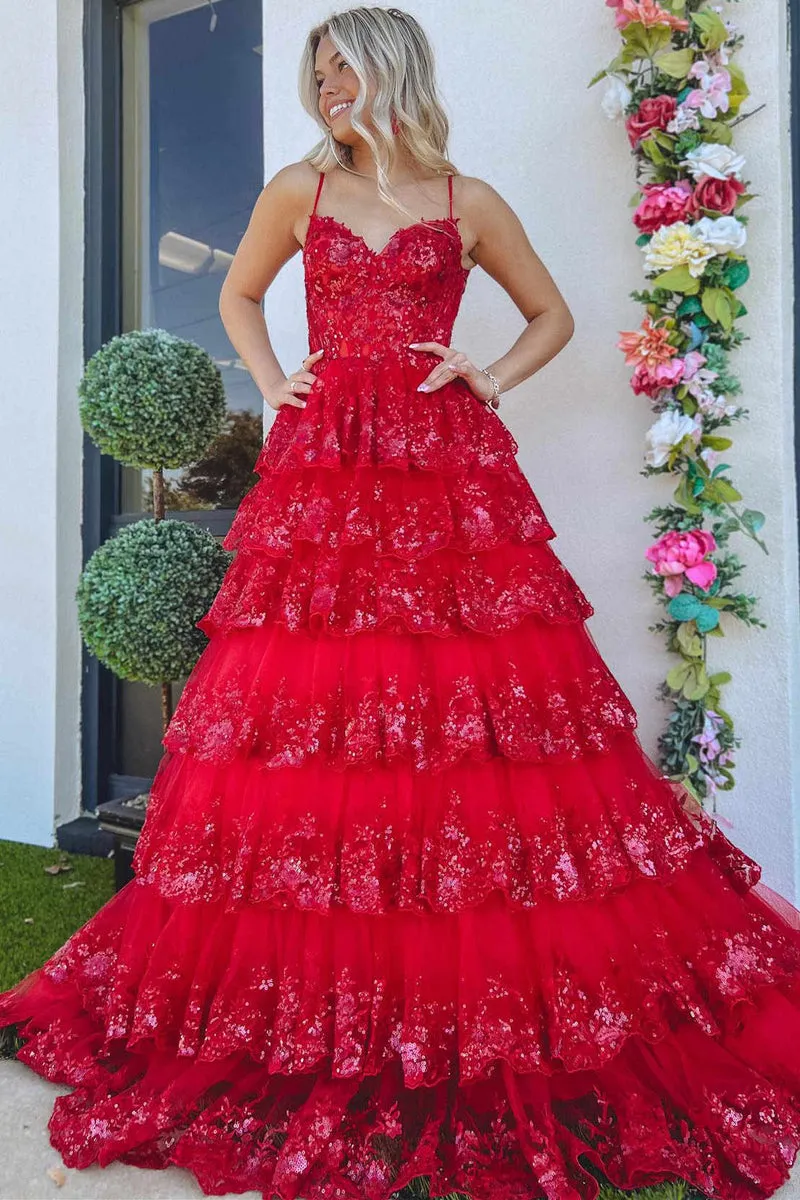 White Layered Tiered Prom Dresses Sequin Spaghetti Straps A-Line
