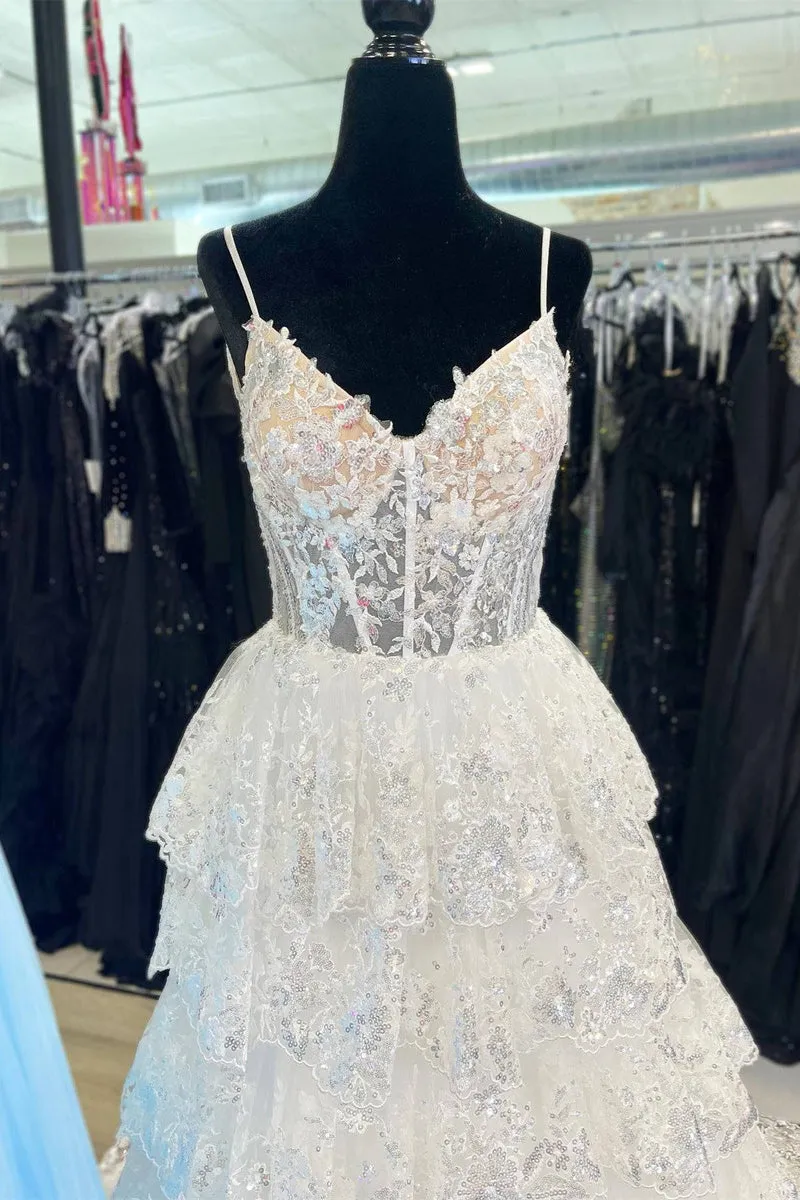 White Layered Tiered Prom Dresses Sequin Spaghetti Straps A-Line