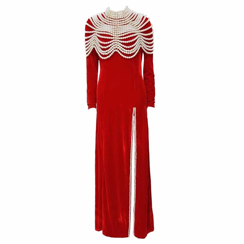 Women Long Sleeves Red Velvet Event Dress High Split Long Formal Formal Dress