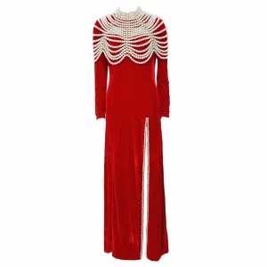 Women Long Sleeves Red Velvet Event Dress High Split Long Formal Formal Dress
