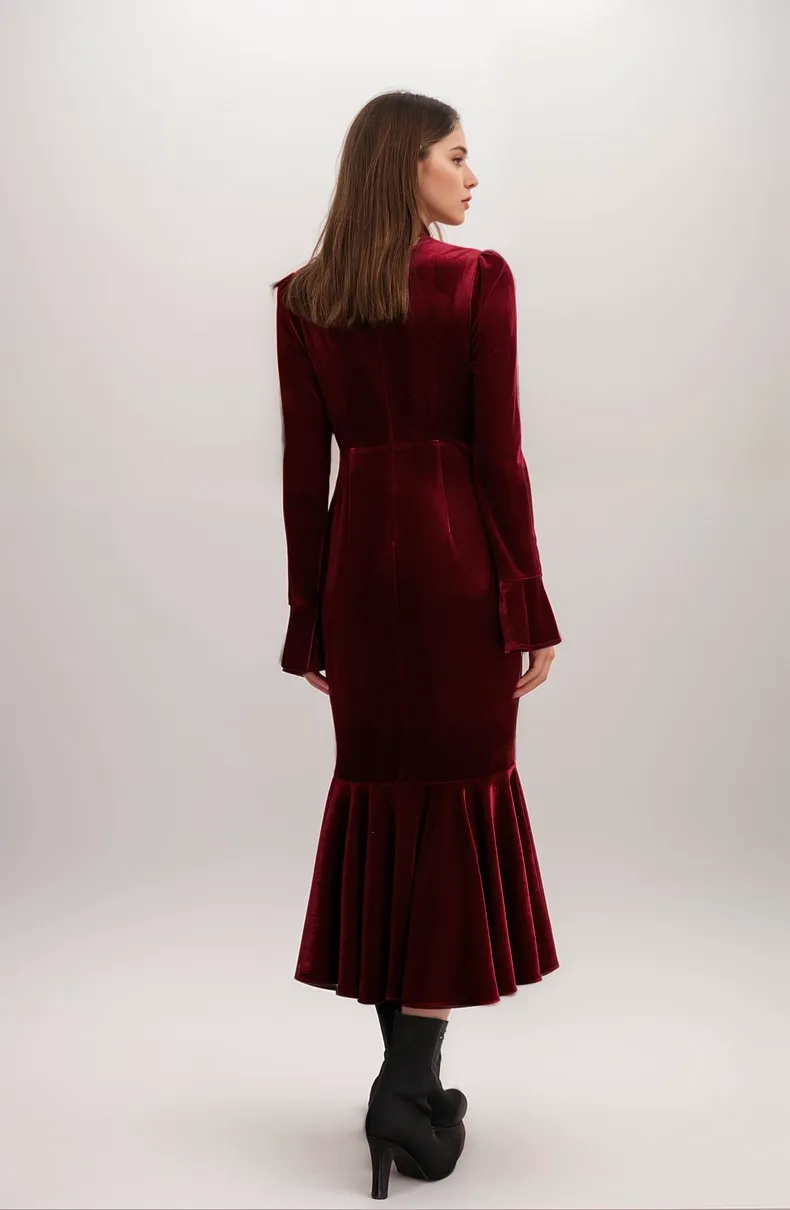 Wrap Front Velvet Midi Dress with Ruffle Hem and Waist Tie