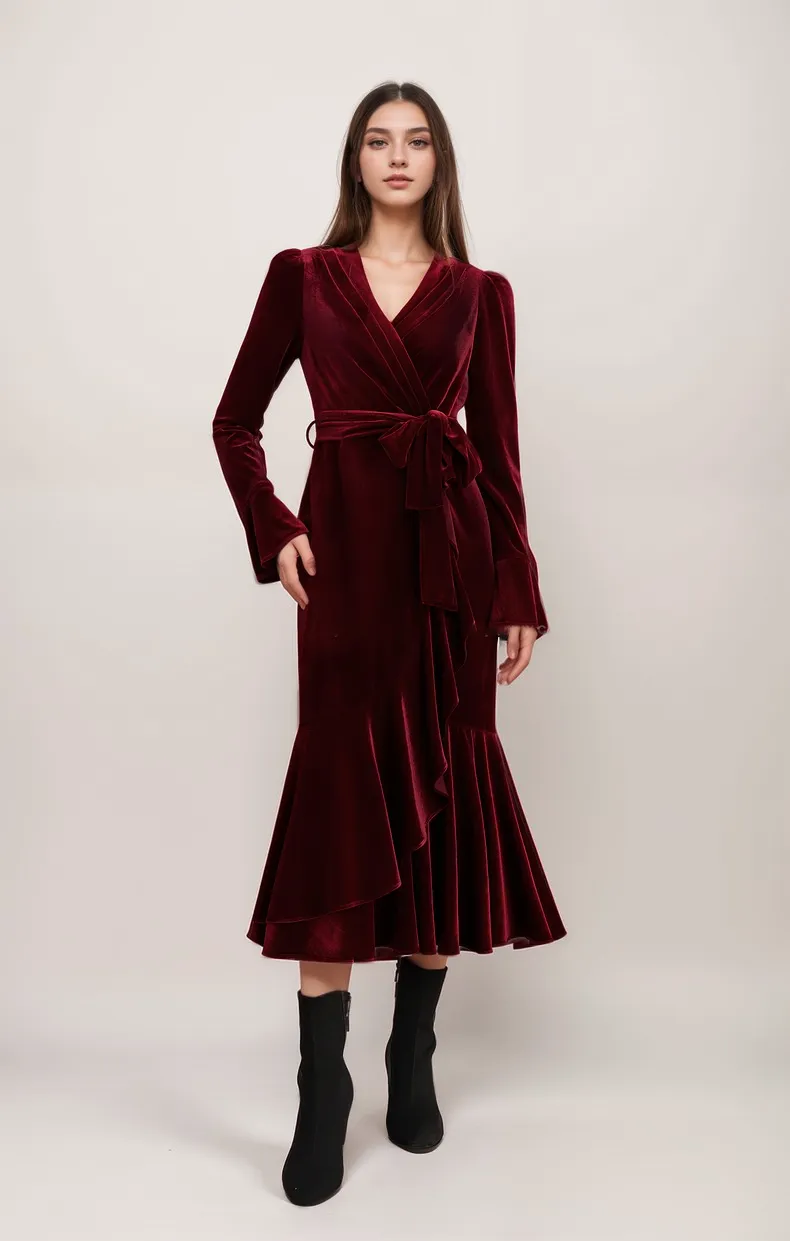 Wrap Front Velvet Midi Dress with Ruffle Hem and Waist Tie