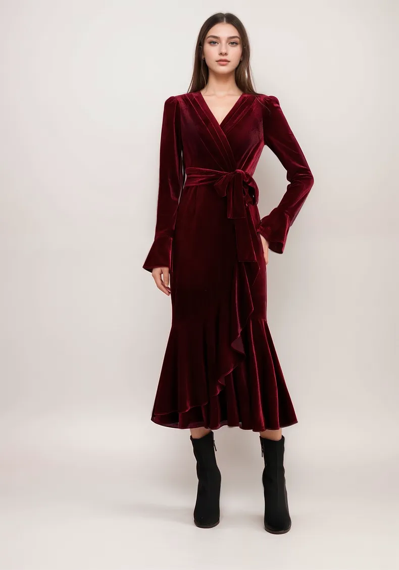 Wrap Front Velvet Midi Dress with Ruffle Hem and Waist Tie