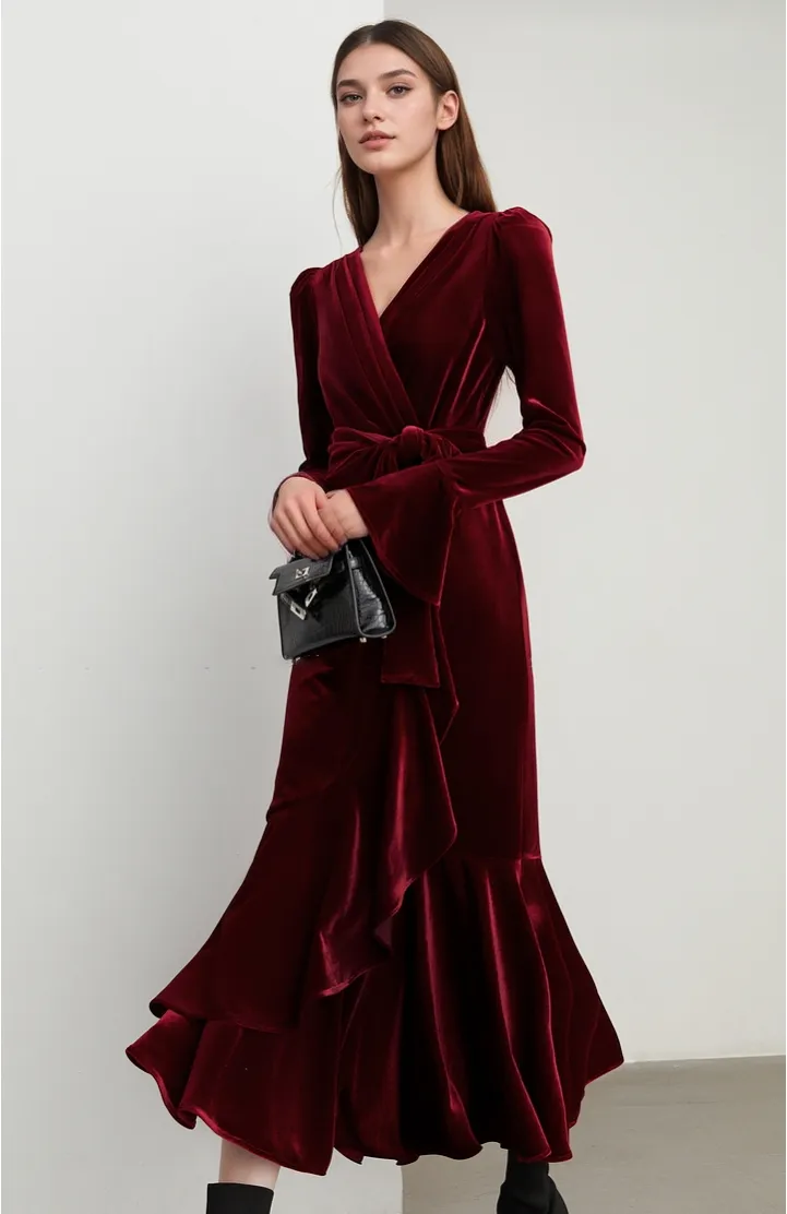 Wrap Front Velvet Midi Dress with Ruffle Hem and Waist Tie