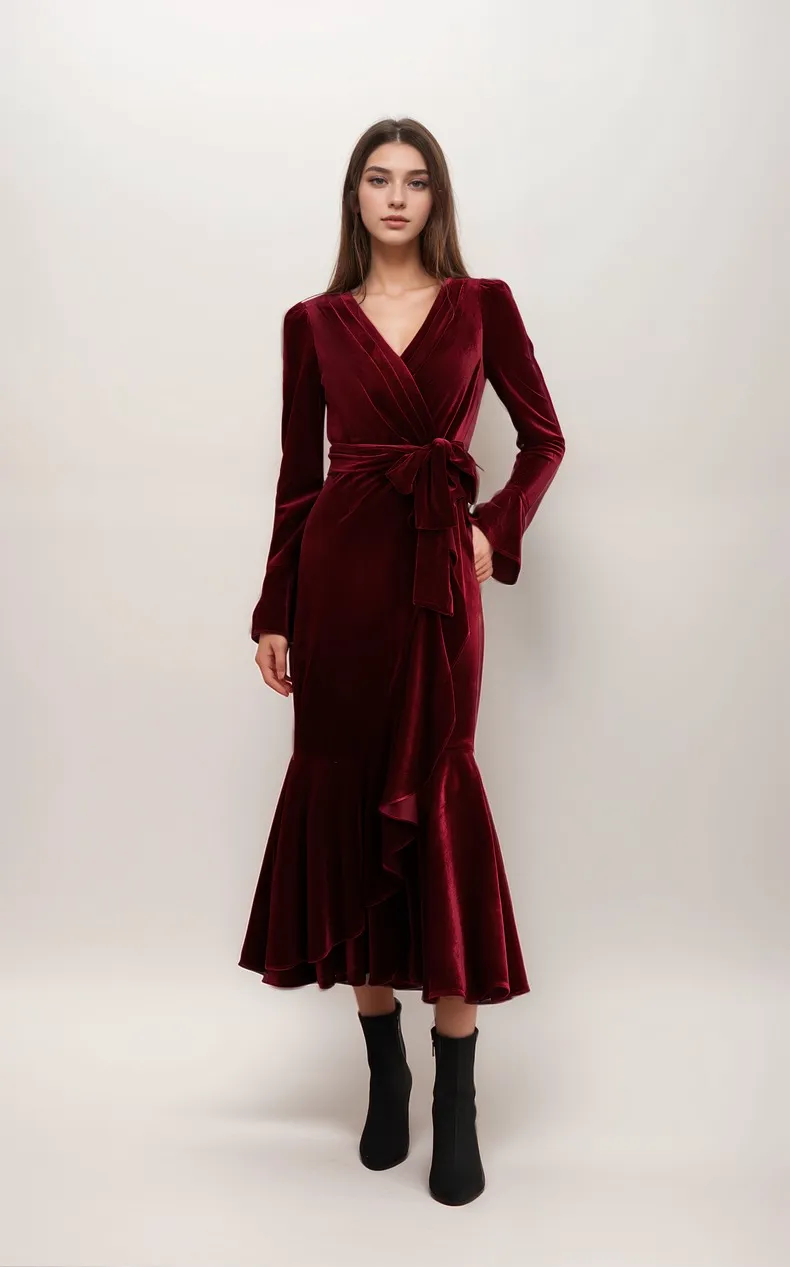 Wrap Front Velvet Midi Dress with Ruffle Hem and Waist Tie