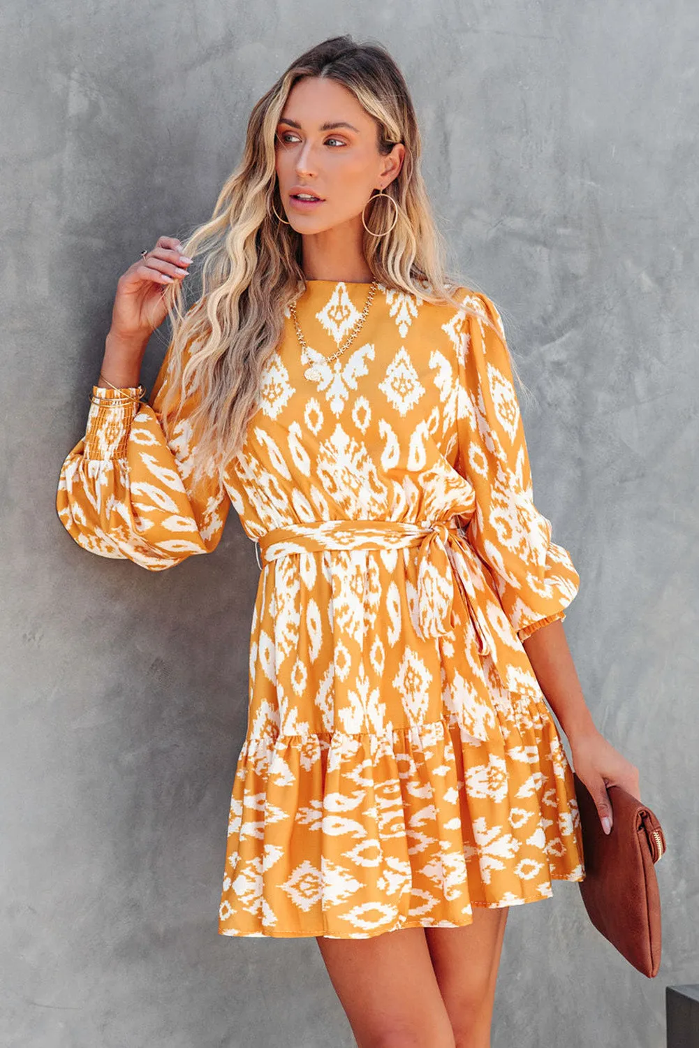 Yellow Ethnic Vibe Printed Sash Mini Dress
