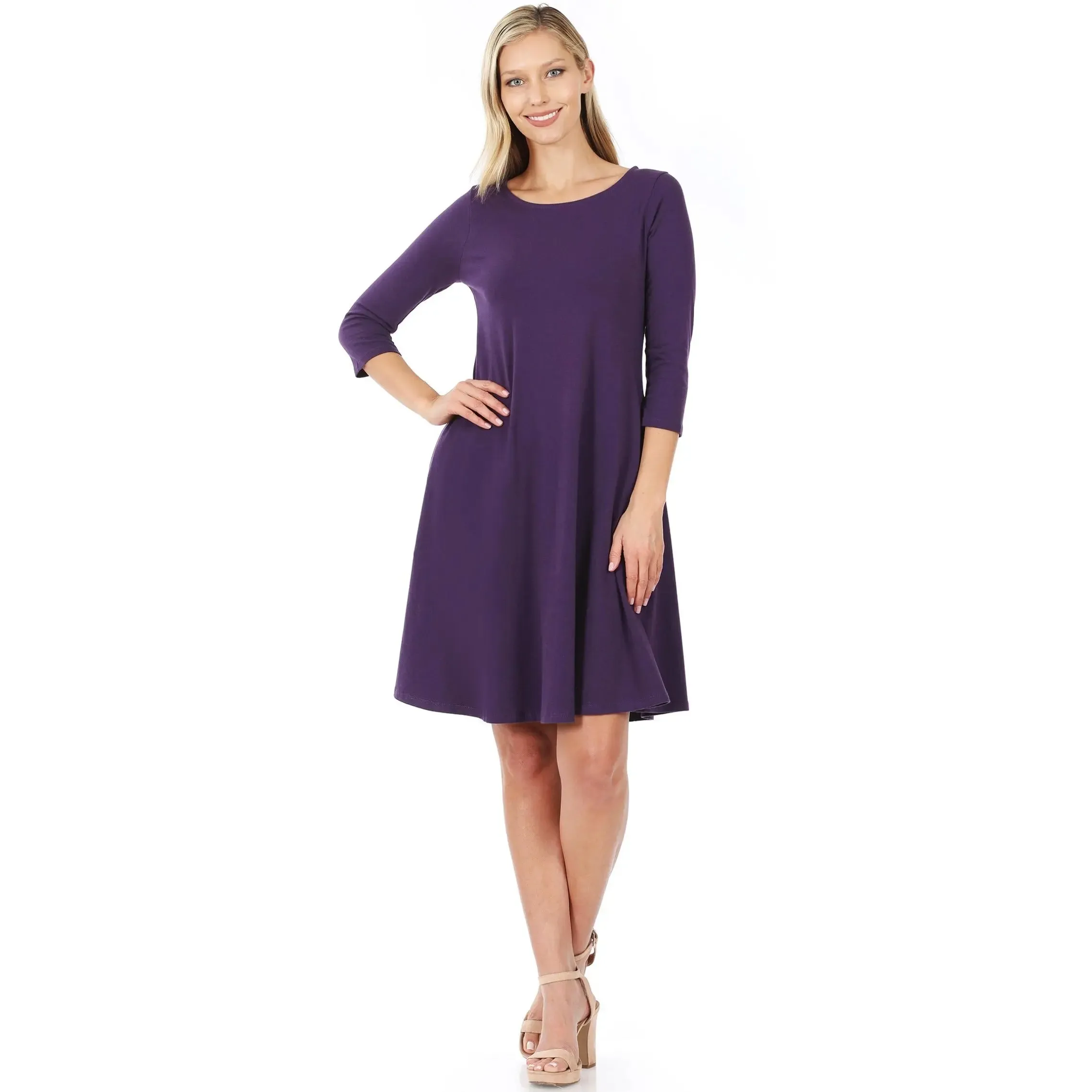 ZENANA No-4596P PREMIUM COTTON CLASSIC A LINE DRESS SIDE POCKETS Style